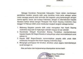 Melalui Diknas , Pemkab Tuban Keluarkan Surat Larangan Perayaan Hari Valentine