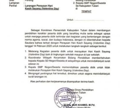 Melalui Diknas , Pemkab Tuban Keluarkan Surat Larangan Perayaan Hari Valentine