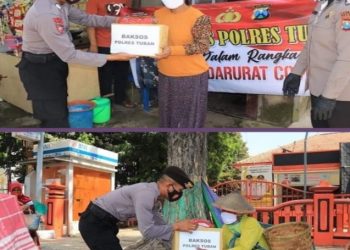 Hindari Kerumunan, Polres Tuban Bagi Ratusan Paket Sembako Berkeliling