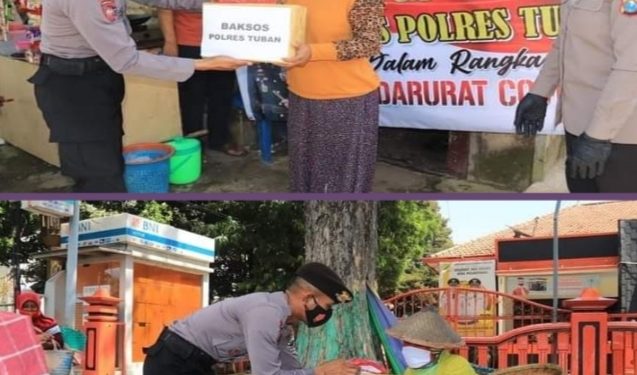 Hindari Kerumunan, Polres Tuban Bagi Ratusan Paket Sembako Berkeliling