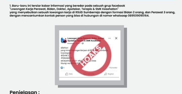 Hoax , Itulah Pernyataan Dirut RSUD Sumberrejo Menanggapi Informasi Loker di Grup FB