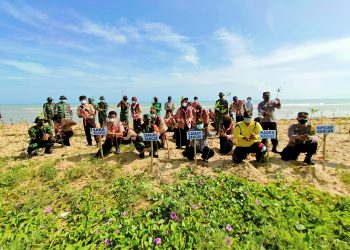 Koramil 0811/12 Dan Forkopimca Cegah Abrasi Laut Bersama SWK Serta Elemen Masyarakat, Dengan menanam Mangrove Di Desa Margosuko Kecamatan Bancar Tuban