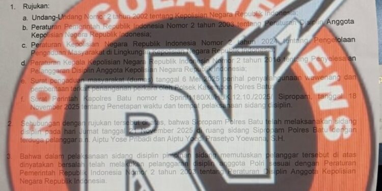 Disanksi Disiplin, Tanpa Pidana, Putusan Propam Polres Batu Dinilai Mandek di Etik